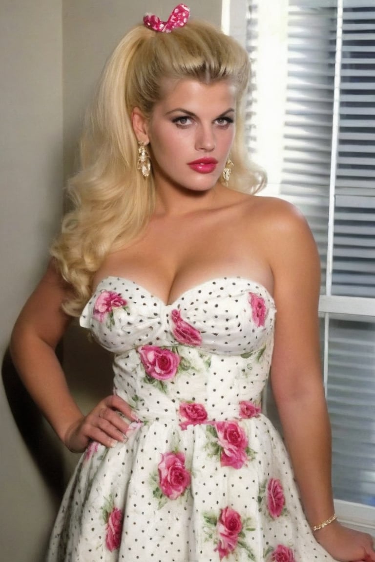 Full body standing 22 year old Large breasted Anna Nicole Smith, playmate and golddigger is n wearing apush-up strapless summer polka-dot dress, very long blonde top scunchie, tiny-rose hairclips sexy big hair, blue eyes, mole on cheek