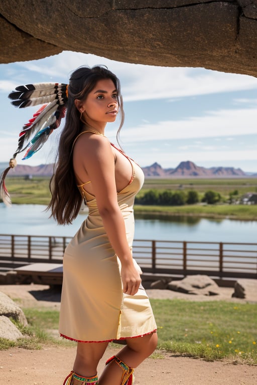 (masutepiece,High quality,16k:1.1),(depth of fields:1.3) ,((front body:1.35)),random Native American girl, ((Native American buckskin  dress)),huge breasts,random hair style,random colour hair,(Looking at Viewer:1.3),(full body shot:1.2),(Beautiful view :1.2), random pose, random colour, random background