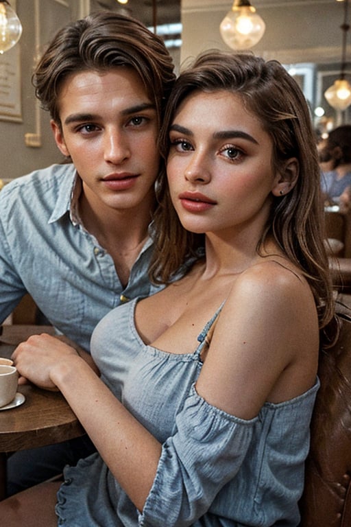 Fashion photography portrait of a french kissing couple, with the male model holding her boob, dressed in cobalt blue and the female model in pastel pink, leaning against each other while seated at a vintage café table. The scene is styled with retro furnishings, soft ambient lighting, and a classic café atmosphere. The couple is sharing a playful moment, with the female model resting her head on the male model’s shoulder. 3D render, CGI, octane render, 35mm, bokeh, 9:16, (intricate details:1.12), HDR, (hyper-detailed:1.15), (natural skin texture, hyperrealism, soft light, sharp:1.2), masterpiece, loving eye contact, charming café setting.