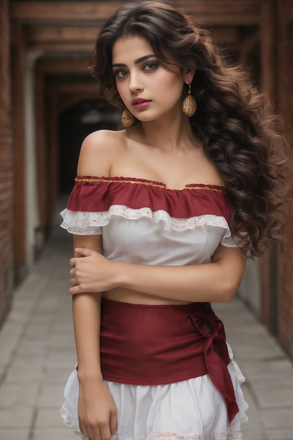 Medium format photo of Maria, a 14 year-old Spanish Mexican lolita girl from Cancun, with very large and piercing brown eyes, heavy eyeliner, luscious and full red lips, long black thick teased wavy hair tied in a top scrunchie ponytail, modelling an off-shoulder Dingri. long mid shot showing her waist. big bust, massive clevage, fit body, Tan skin. Diamond and gold large earings.