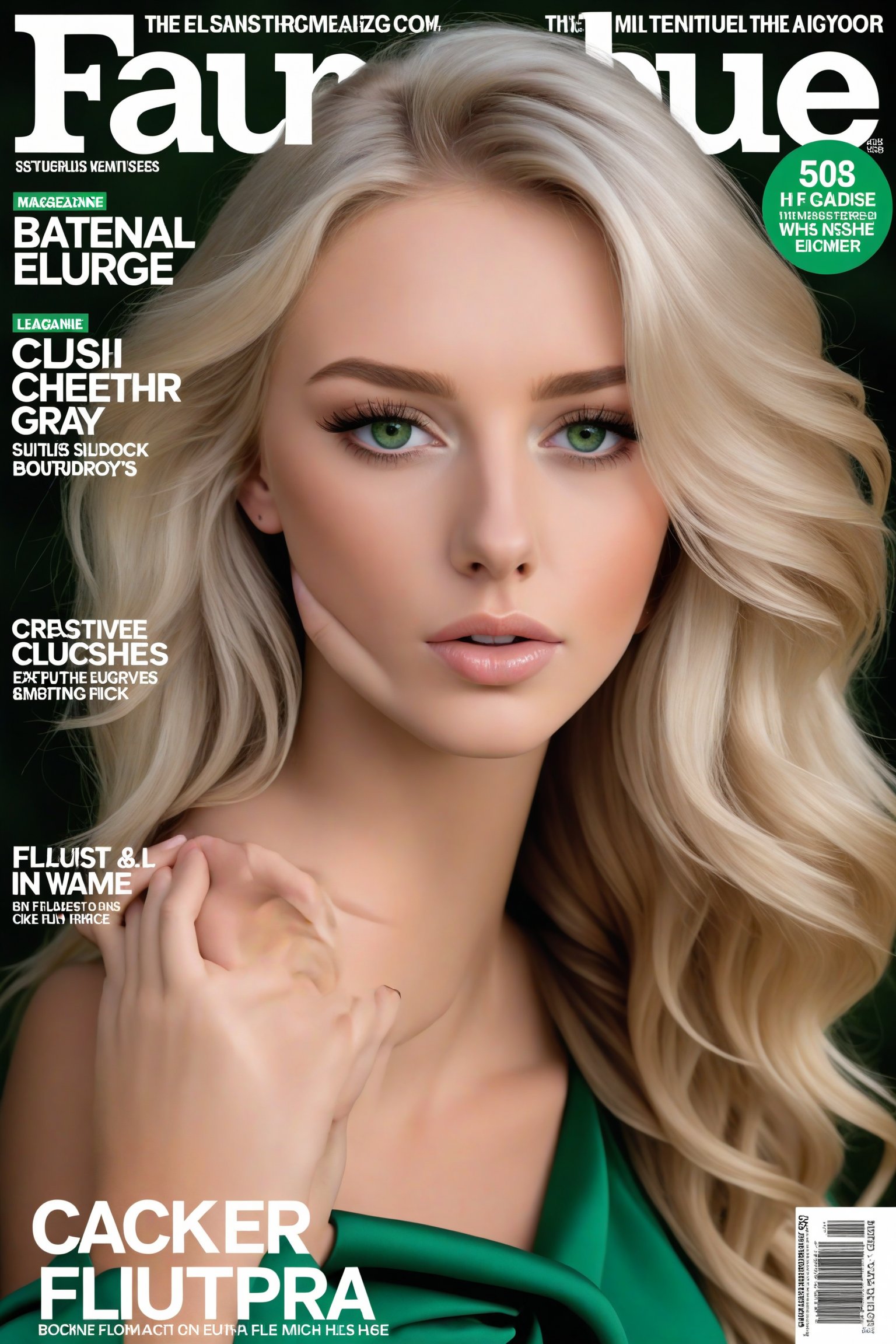 
Magazine cover, the magazine is called COCK, the name is above the image, written in silver-gray bold letters, medium shot of a woman, 20 years old, the most beautiful woman in Europe, blond hair with silvery long waves like silk, her hair fluttering in the wind, extremely beautiful. She has beautiful big green eyes with long and thick eyelashes. Her skin is fair and tender, she holds her face in her hands. 