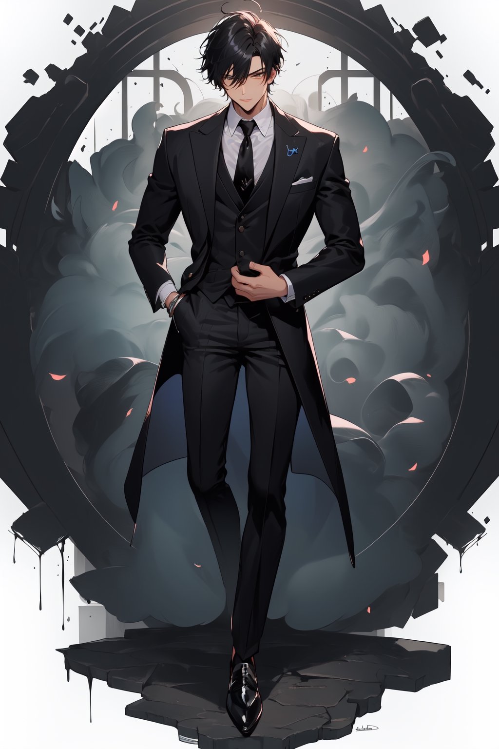 1boy, male_focus, (black hair, black suit , black pants:1.44), (masterpiece, best quality, highres:1.4), 4k, perfect anime anatomy, balanced, harmony,midjourney, full body, esbelto,muscular,long hair, elegant suit, heterocromia ojo derecho verde y ojo izquierdo roji