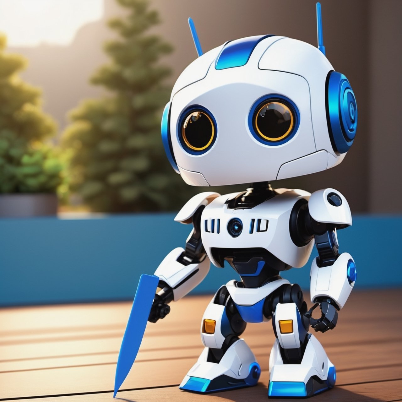 (masterpiece:1.2, highest quality), (realistic, photo_realistic:1.9)
1chibi_robot, Cute chibi robot, Designer look holding a paintbrush in one hand, white with blue, (detailed background), (gradients), colorful, detailed landscape, visual key, shiny skin. Modern place, Action camera. Portrait film. Standard lens. Golden hour lighting.
sharp focus, 8k, UHD, high quality, frowning, intricate detailed, highly detailed, hyper-realistic,interior