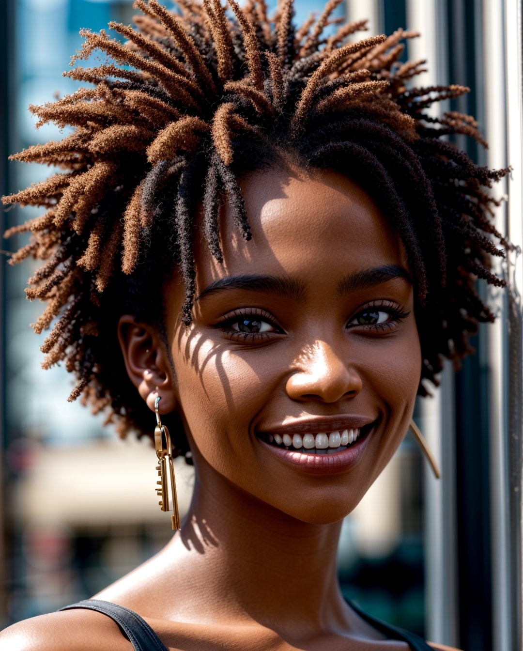 ((realistic portrait of a beautiful ((dark skin, melanin, Afro-American)) woman with makeup and crop top)), ((beautiful face, detailed face, clean face, perfect smile, seductress, tempting, smug face, light smile)), ((perfect teeth, detailed teeth)), ((deep eyes, radiant eyes, detailed eyes:1.2)), ((long hair, Latte Maple Brown Balayage Hair)), ((shiny skin, clean skin)), (((perfect ears))), character focus, golden hour lighting, Depth of field, standard lens, E671, 16 mm f/2.8 lens, ray tracing, Super realistic photographic cinematic image 8K ULTRA HD HDR, magical photography, super detailed, (ultra detailed), (best quality, super high quality image, masterpiece), intricate detail, (gradients), comprehensive cinematic, colorful, visual key, highly detailed, hyper-realistic, (very detailed background, detailed landscape), delicate details, raw image,REALISTIC