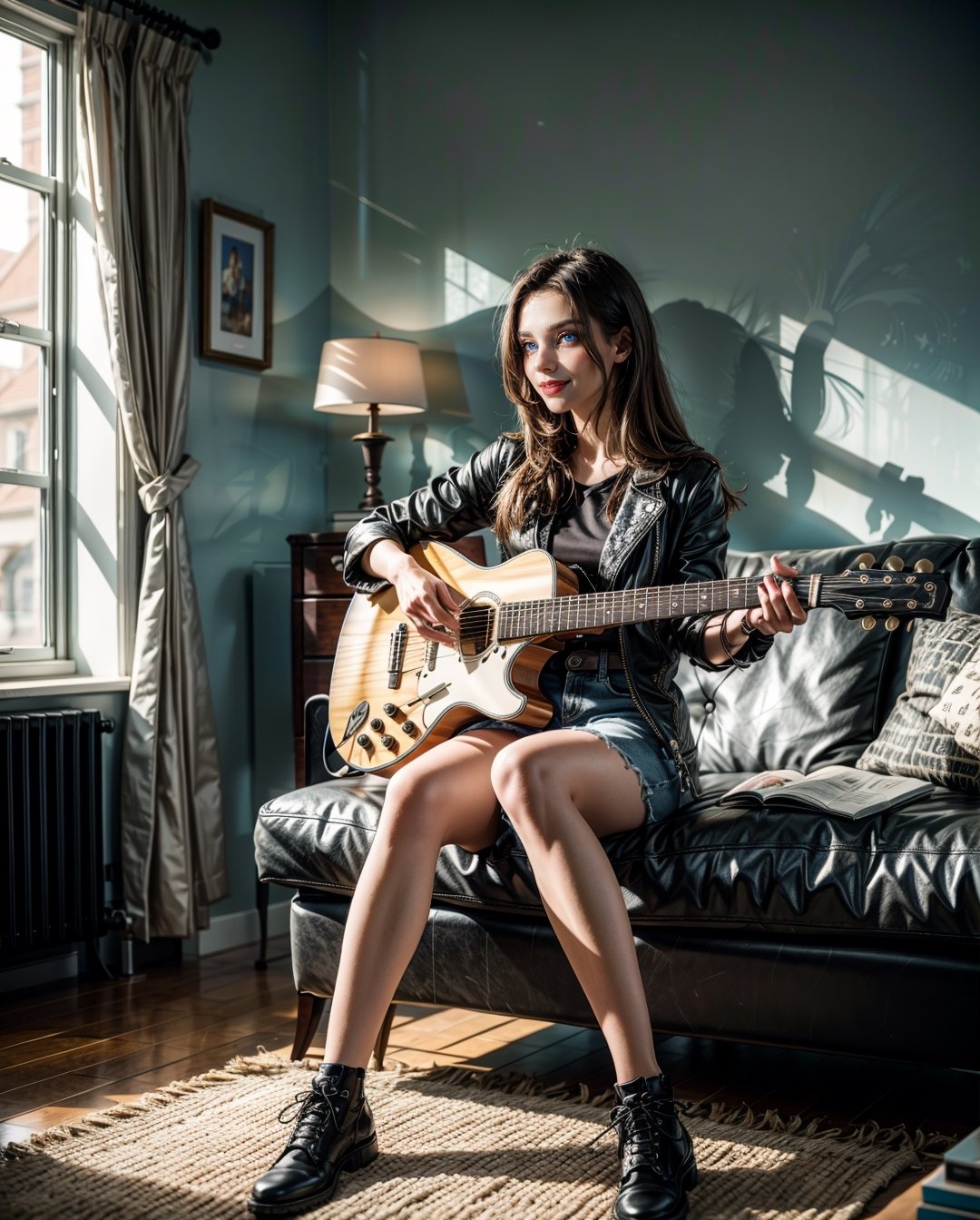 1girl, beautiful girl, holding and playing a stratocaster guitar, full body,sitting, (best quality, super high quality image, masterpiece), standard lens,  dramatic lighting, 8k, UHD, intricate detail, (gradients), comprehensive cinematic, colorful, visual key, highly detailed, hyper-realistic, (very detailed background, detailed landscape), delicate details, raw image,
