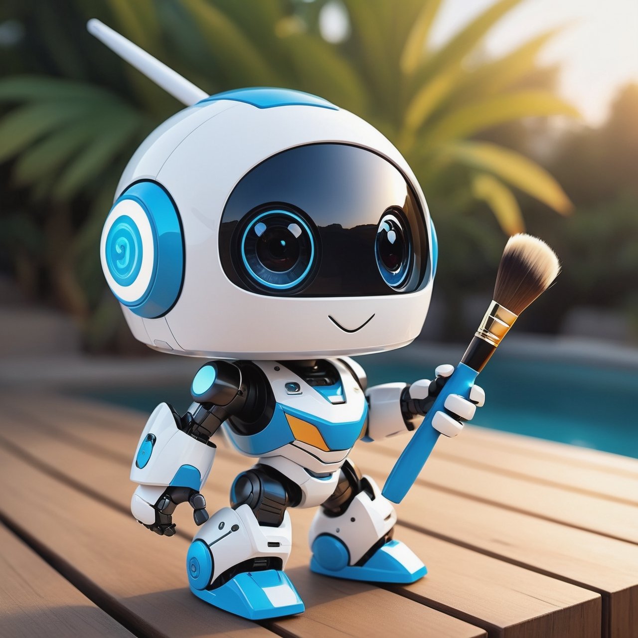 (masterpiece:1.2, highest quality), (realistic, photo_realistic:1.9)
1chibi_robot, Cute chibi robot, happy face, Designer look holding a paintbrush in one hand, white with blue, (detailed background), (gradients), colorful, detailed landscape, visual key, shiny skin. Modern place, Action camera. Portrait film. Standard lens. Golden hour lighting.
sharp focus, 8k, UHD, high quality, frowning, intricate detailed, highly detailed, hyper-realistic,interior,koola Chibi,chibi emote style,Monster