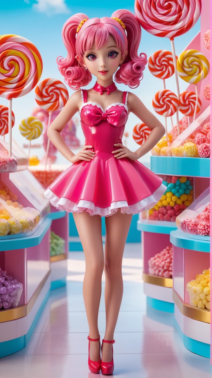 A scene in a place full of sweets and candies with a beautiful young lolipop girl: "It generates a vibrant visual representation of a dazzling young lolipop girl in a place full of bustling sweets and candies. This captivating figure features deep and fascinating pink eyes that reflect the infinite expanse of candies. Her loose pink hair shines with a hint of sugar, framing her perfect figure. She is adorned in a stylish and modern lolipop outfit that accentuates her curves and complements her beauty. The design of the lolipop outfit exudes confidence and style. The place around you is filled with a lively crowd of adorable colorful candy, sweet, savory and lolipop characters. The atmosphere is filled with sounds of laughter, refreshing breezes breaking and the cheerful energy of a lovely day at the place filled with sweets and candies. Capture the essence of leisure bathed in sweetness and charm of this beautiful young girl in front of the backdrop of a lively scene of a place full of sweets and candies." Super super detailed, super realistic photographic cinematographic image, 8k HDR super high quality image, masterpiece, (beautiful young girl 25 years old, sexy muscle:0.8, big legs, long hear, accentuated breasts), drow