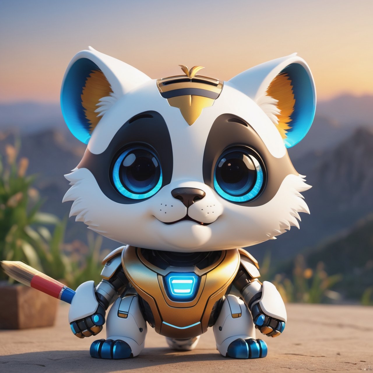 (masterpiece:1.2, highest quality), (realistic, photo_realistic:1.9)
1chibi_tiger, Cute chibi tiger, smug face, Chest written: "TA", (Designer look holding a paintbrush in one hand), white with blue, (detailed background), (gradients), colorful, detailed landscape, visual key, shiny skin. Modern place, Action camera. Portrait film. Standard lens. Golden hour lighting.
sharp focus, 8k, UHD, high quality, frowning, intricate detailed, highly detailed, hyper-realistic,interior,robot white with blue,chibi emote style,Monster, wall-e