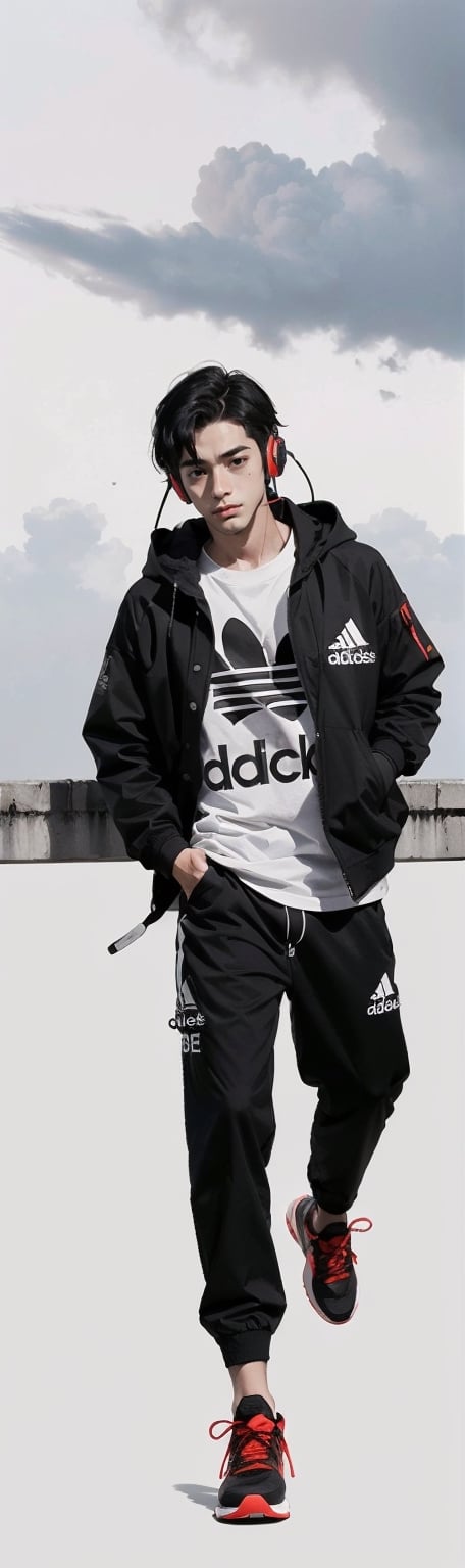 
1 boy 17 years old black hair black jacket black t-shirt on his head red headphones emmo culture , black   adidas weather rain jacket
full body, tee black baggy pants, white simple background,gray colors are dark clouds,monochrome,turned to the viewer looks from top to bottom close up