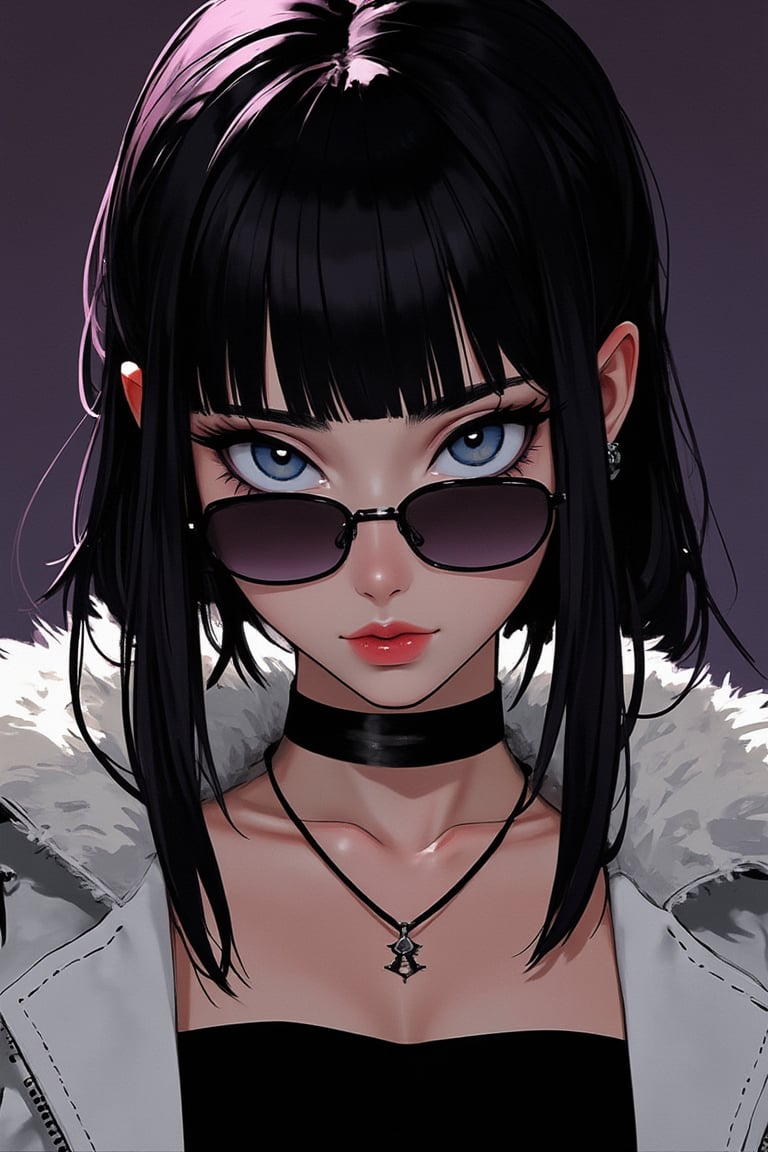 1girl, solo, long hair, looking at viewer, very badass girl, bangs, blue eyes, black hair, jewelry, jacket, upper body, sidelocks, earrings, parted lips, fur trim, black shirt, sunglasses, white jacket, zipper, looking over eyewear, ((masterpiece: 1.2)), light particles, stunning image, attractive image, digital art, professional style, anime style