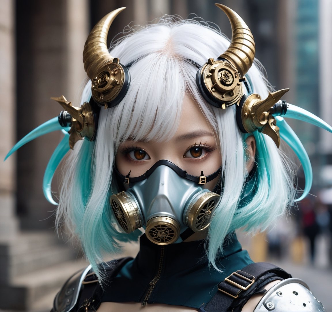 HONG KONG Girl ((September Ai)) with brown colour skin, AQUA short messy hair, 

1 girl, (masterful), blur, black_hair, albino demon girl,slit pupil eyes,Intricate Iris Details,heterochromia_iridis,(gas mask),(long intricate horns:1.2) ,pure white hair,Wearing Medieval black Knight Armor,Gold carved full plate Armor, best quality, highest quality, extremely detailed CG unity 8k wallpaper, detailed and intricate, ,steampunk style,perfecteyes
