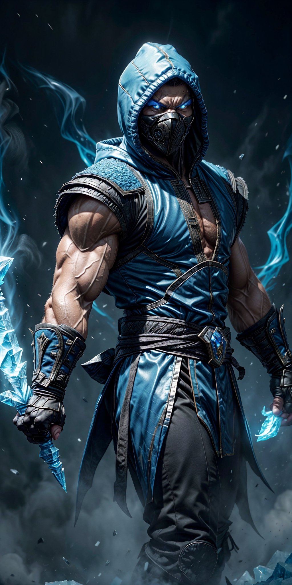 Sub-Zero, a Mortal Kombat game character, with specific elements:

"(Mortal Kombat game character) - Sub-Zero, with his striking, glowing blue eyes and a fearsome, muscular physique. He possesses formidable ice magic powers, and his abilities are deadly. Create a 4K Ultra HDR high-quality image that perfectly captures his menacing appearance.

Place Sub-Zero against a backdrop that combines both fire flames and ice, symbolizing the contrast of his icy powers and the fiery danger he represents. He should be depicted holding a glowing blue ice dagger while wearing his iconic blue hooded outfit.

The image should be a masterpiece that showcases the fusion of his cold, calculated nature and the fiery intensity of battle, creating a stunning visual representation of this iconic character."