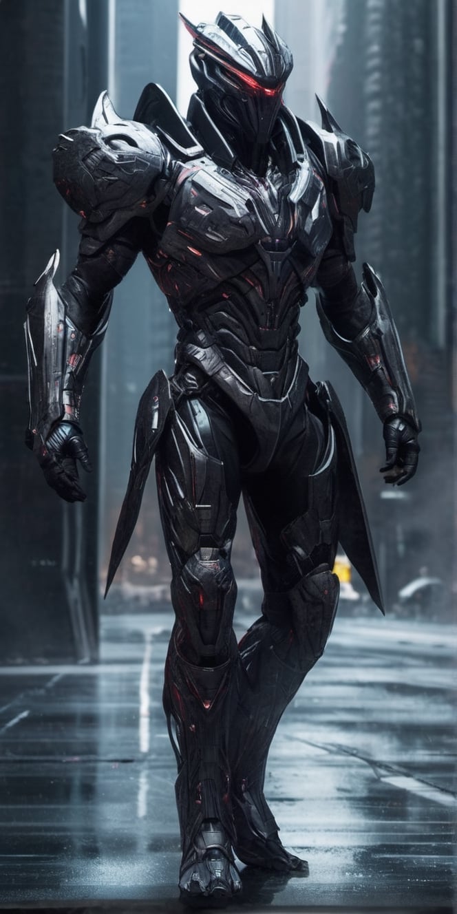  Create void allien with monster's armor walking through futuristic world.high detailed, sharp fcous.