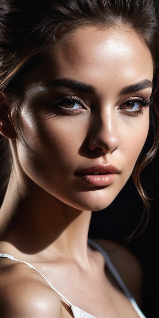 Generate hyper realistic image of a beauty portrait where shadows play a crucial role in sculpting the woman's features. Experiment with dramatic lighting to create intriguing shadows that highlight the contours of her face.