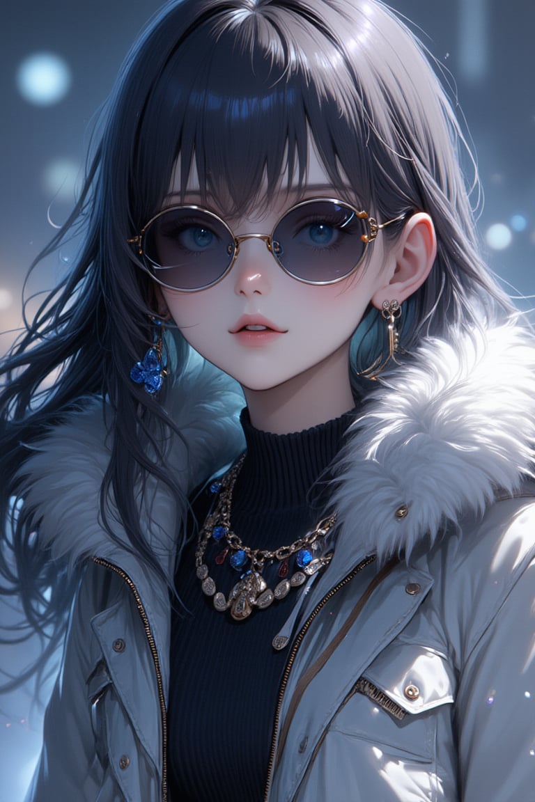 1girl, solo, long hair, looking at viewer, very badass girl, bangs, blue eyes, black hair, jewelry, jacket, upper body, sidelocks, earrings, parted lips, fur trim, black shirt, sunglasses, white jacket, zipper, looking over eyewear, ((masterpiece: 1.2)), light particles, stunning image, attractive image, digital art, professional style, anime style