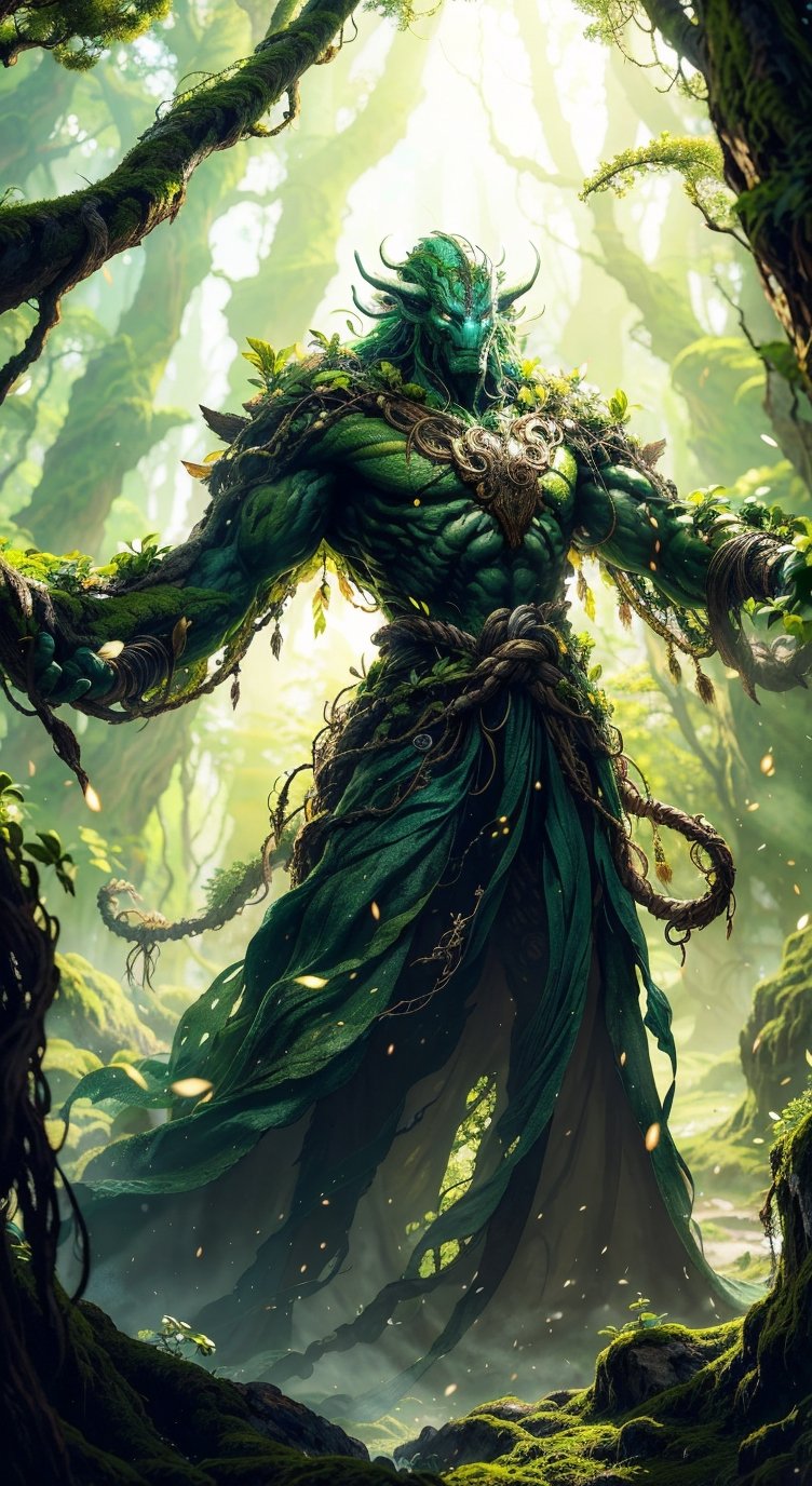 Deep within the ancient forest, a primordial spirit awakens, its consciousness intertwined with the very essence of nature itself. It describes his journey as he emerges from the ancient tree's embrace, his form adorned with the living vines and vibrant foliage of the forest kingdom,Fantasy,Fantasy style