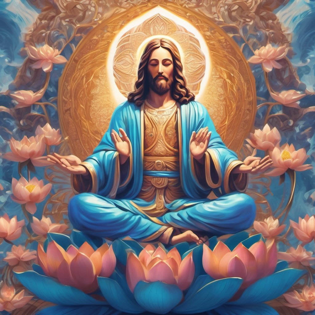 digital masterpiece illustration concept art of porcelain statue of Jesus Christ in lotus position and a blessing hand pos...