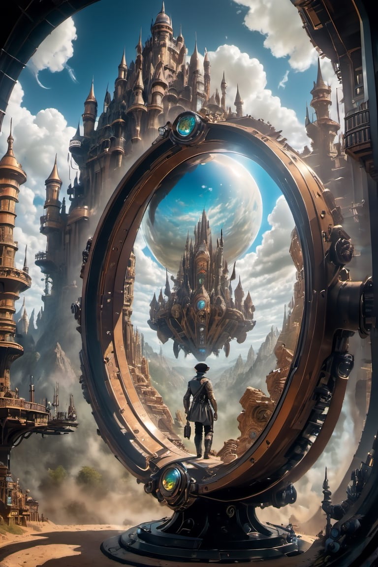A lone explorer at a convergence point between dimensions. Multiple dimensions depicted with unique colors and landscapes....