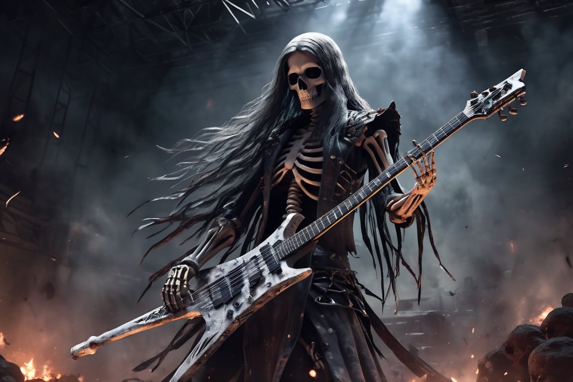 it's a skeleton with long hair guitarist of an extreme heavy metal band,  he's on the stage,  playing the warlock shaped g...