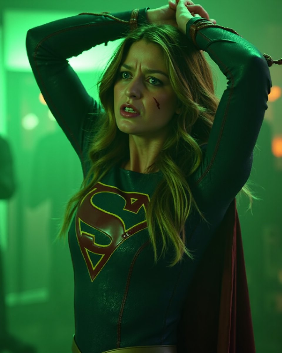 1girl, Melissa Benoist in Supergirl costume, in agony, bleeding, (((kryptonite glowing green held by someone's hand near her))), green glowing light, standing, hands tied above head, tortured by thugs, beaten up badly, badly injured, bleeding profusely, clothes torn and ripped, masterpiece, super detail, (solo:1.1), perfect face, (green lighting:1.2), 8k, high resolution