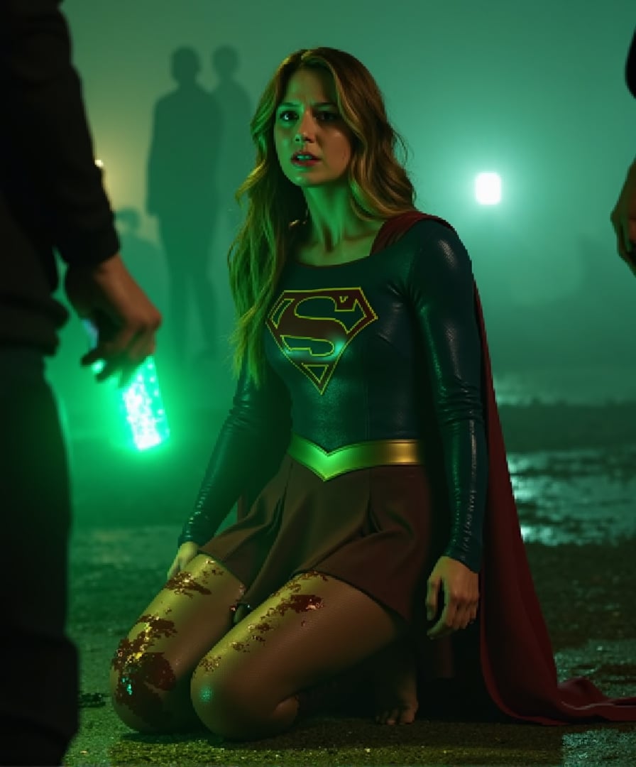 1girl, Melissa Benoist in Supergirl costume, in agony, bleeding, (((kryptonite glowing green held by someone's hand near her))), green glowing light, kneeling, tortured by thugs, beaten up badly, badly injured, bleeding profusely, clothes torn and ripped, masterpiece, super detail, (solo:1.1), perfect face, (green lighting:1.2), 8k, high resolution