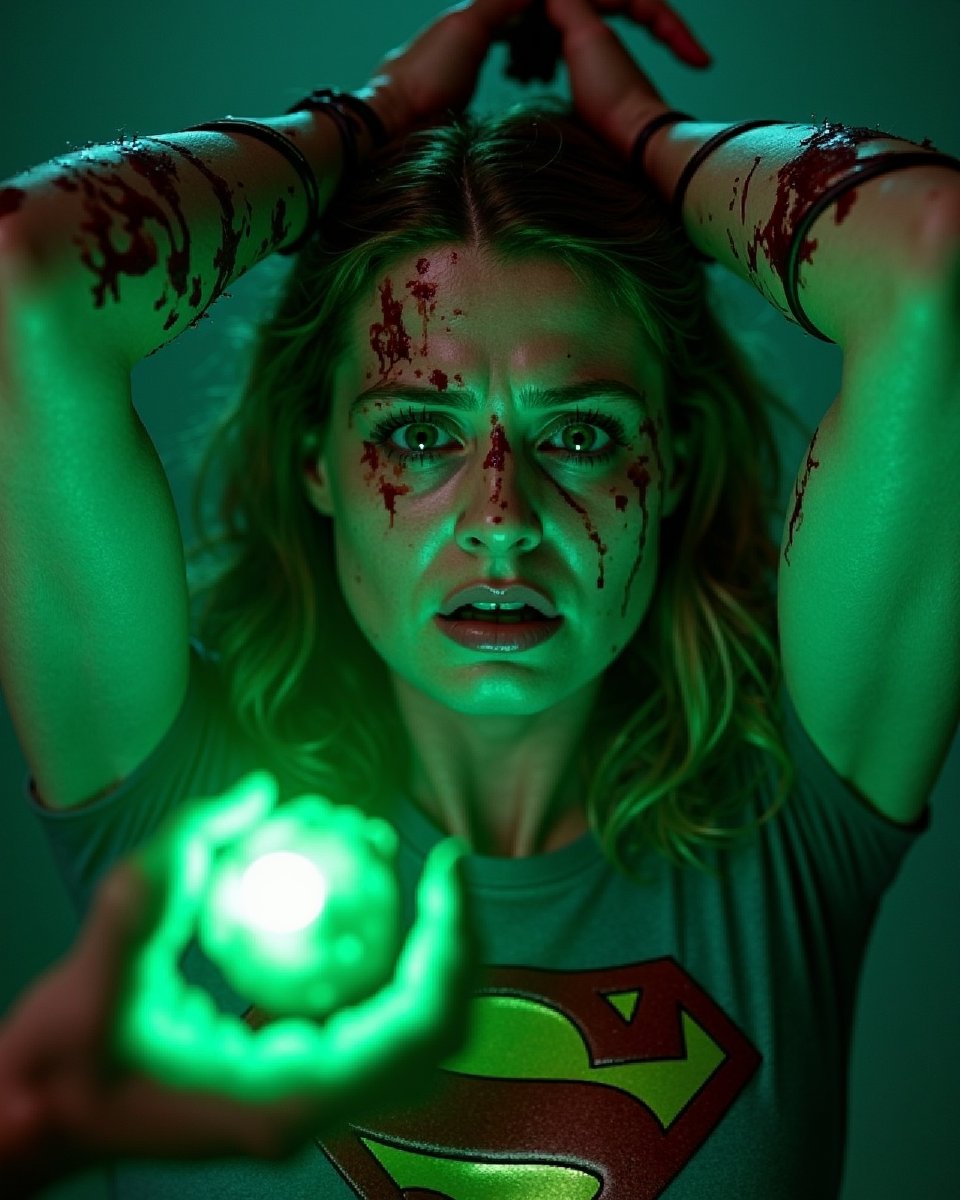 1girl, Melissa Benoist in Supergirl costume, in agony, bleeding, (((kryptonite glowing green held by someone's hand near her))), green glowing light, standing, hands tied above head, tortured by thugs, beaten up badly, badly injured, bleeding profusely, clothes torn and ripped, masterpiece, super detail, (solo:1.1), perfect face, (green lighting:1.2), 8k, high resolution