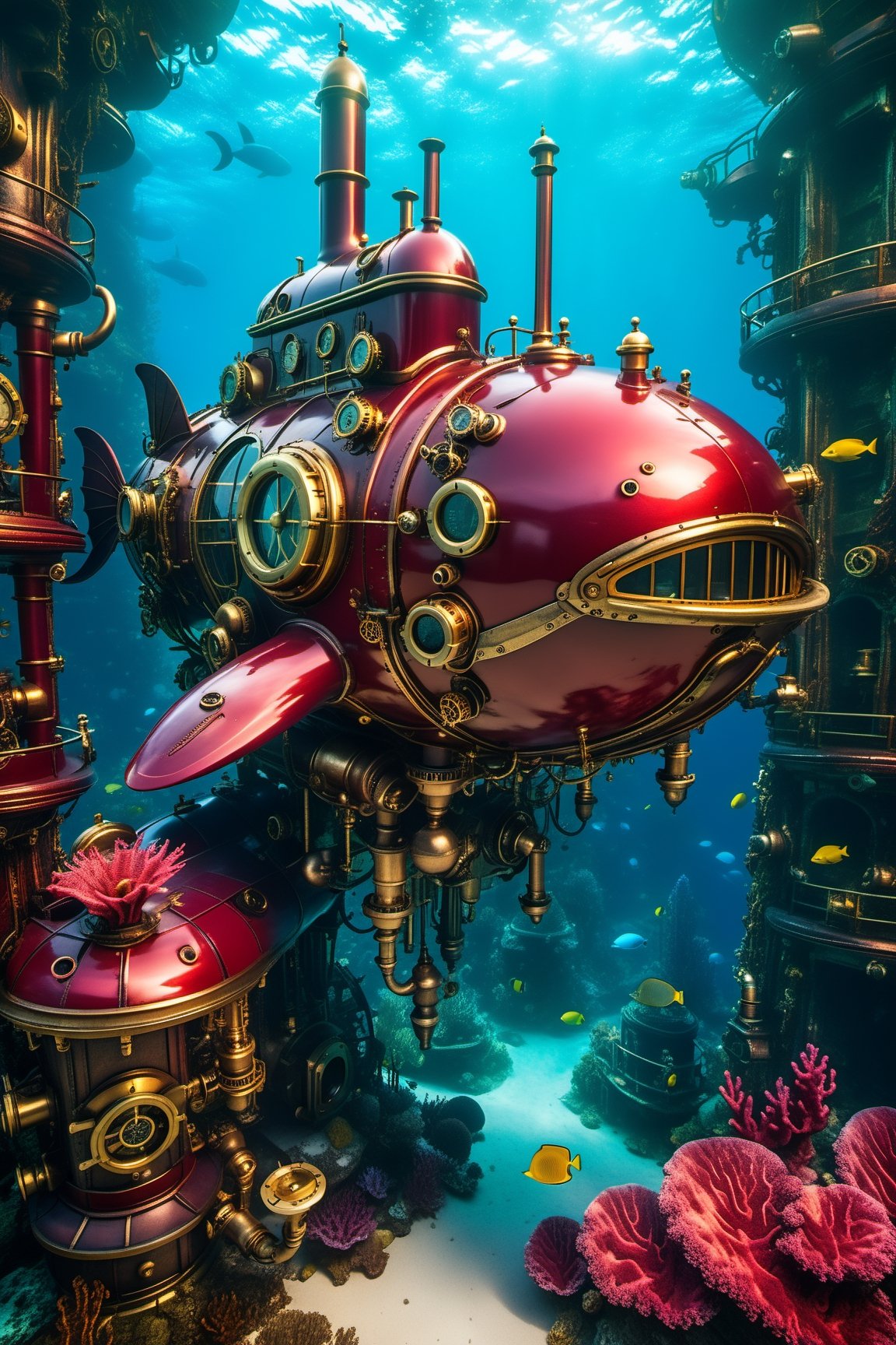 A mesmerizing steampunk-inspired underwater world with Victorian-style submarines and mechanical sea life,  as if created...