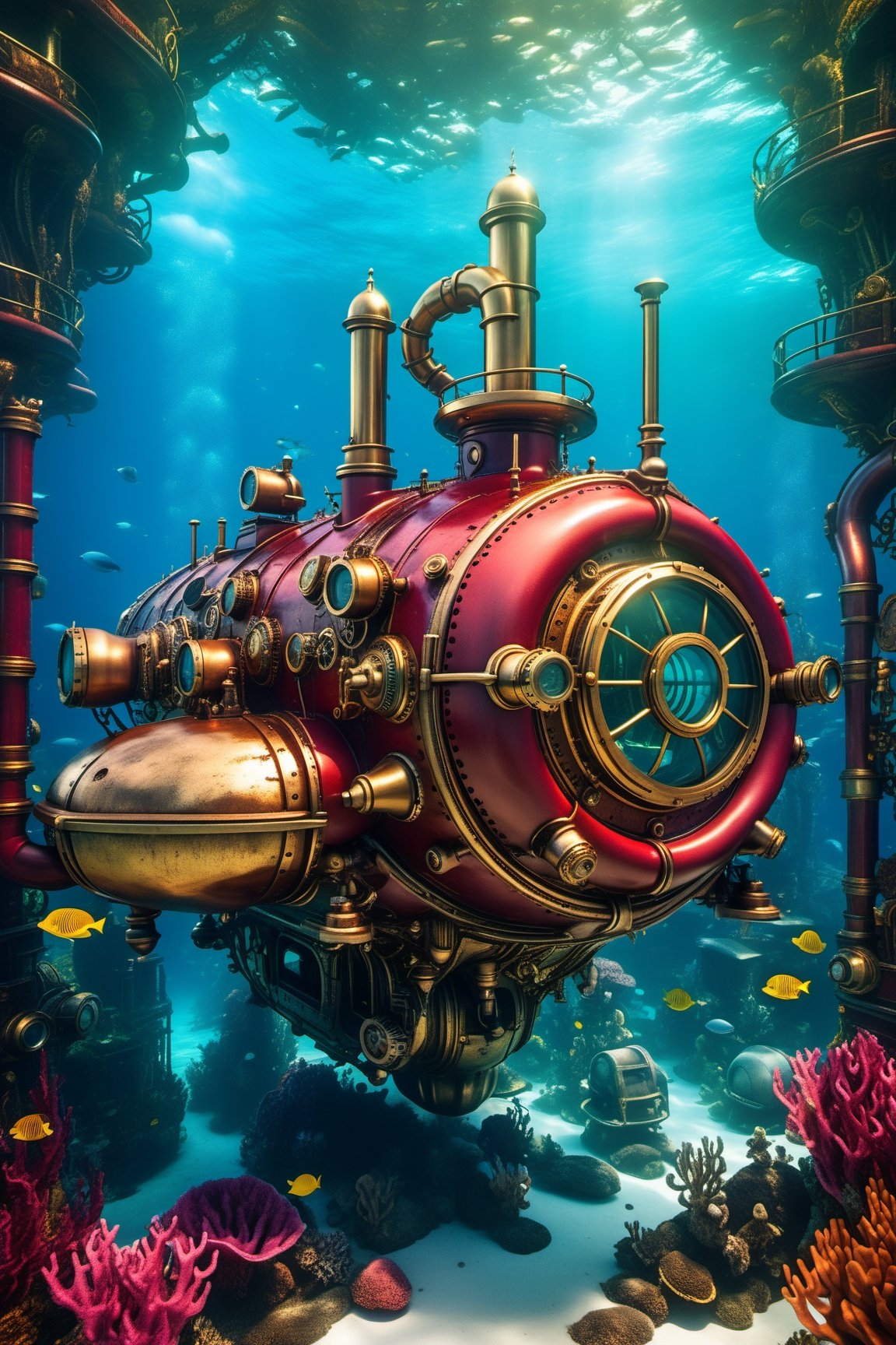 A mesmerizing steampunk-inspired underwater world with Victorian-style submarines and mechanical sea life,  as if created...