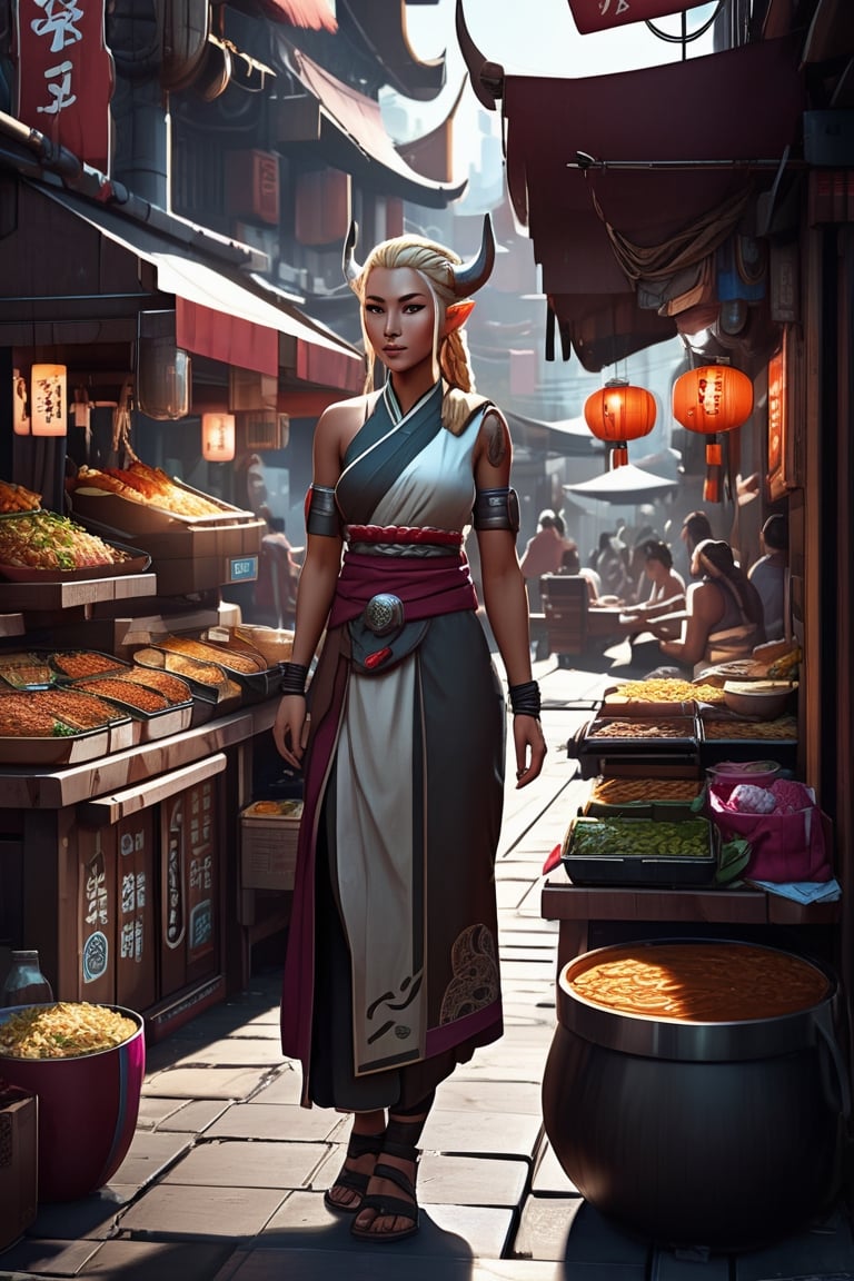 an intricate concept art of sci - fi asian street food market, a makeshift stalls, hyper detail, ultra realistic, style by dylan cole and artgerm, trending in artstation, cgsociety, 8 k, octane render, high contrast, 3 d render, cgi, cinematic lighting beautiful viking woman, blonde, tall, brawny, d & d, concept art, fantasy, steve argyle