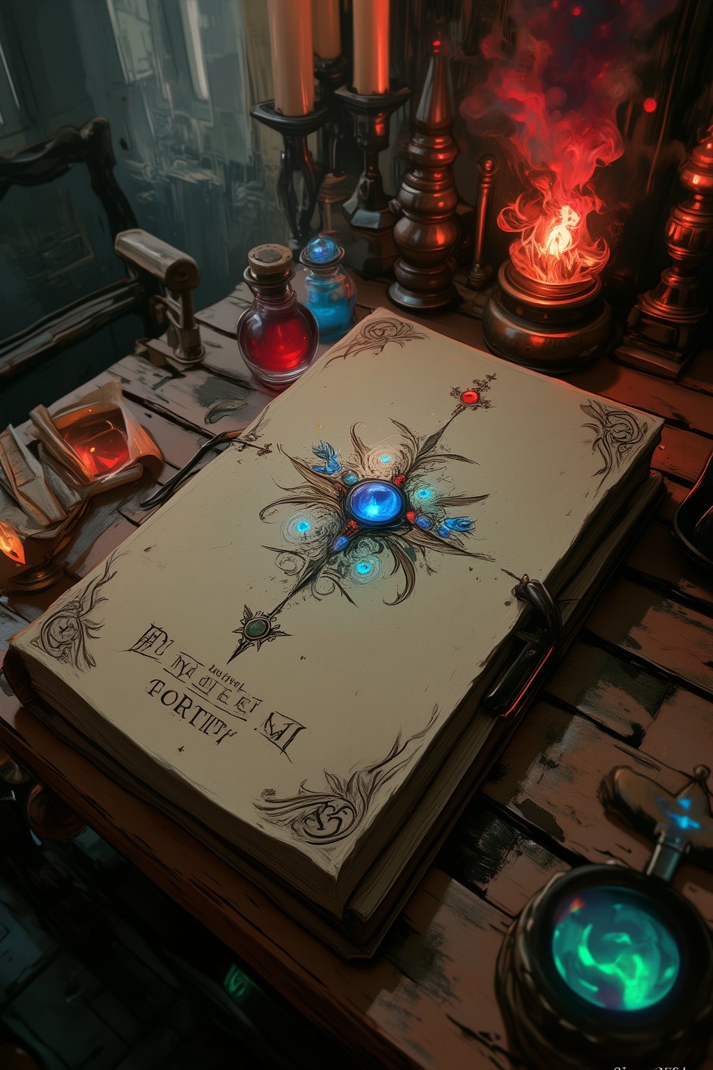 Original Design of a spellbook inspired by the Polymorph Power Word Fortify, featuring an ornate cover adorned with mystical symbols and gemstones. The book lies open on a weathered wooden table, surrounded by magical artifacts like glowing potions and ancient scrolls. The warm, flickering candlelight casts soft shadows, enhancing the enchanting atmosphere. The details in the book’s illustrations convey a sense of ancient knowledge and power. --s 1000