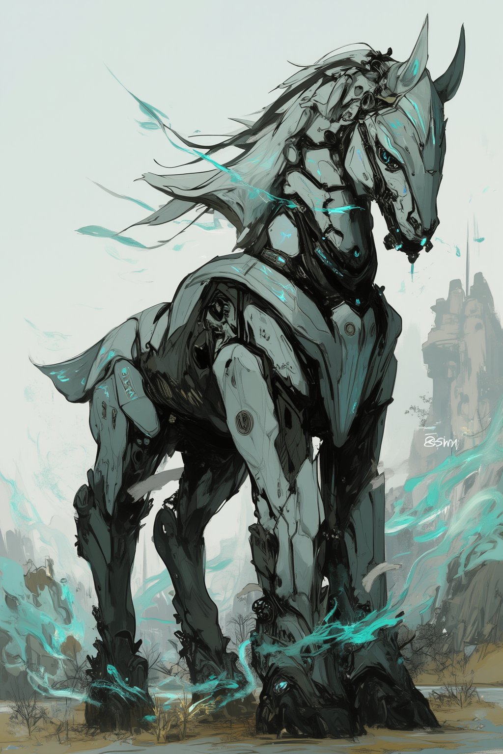 Concept Art of an original mecha design, inspired by the Phantom Steed Planar Ally. This futuristic machine features sleek, ethereal lines and a shimmering metallic finish, with glowing runes etched into its surface. The mecha stands tall, with articulated limbs resembling a horse's powerful build, showcasing intricate mechanical joints and gears. Surrounded by a mystical landscape of swirling mist and glowing plants, this image evokes a sense of fantasy and adventure. --s 1000