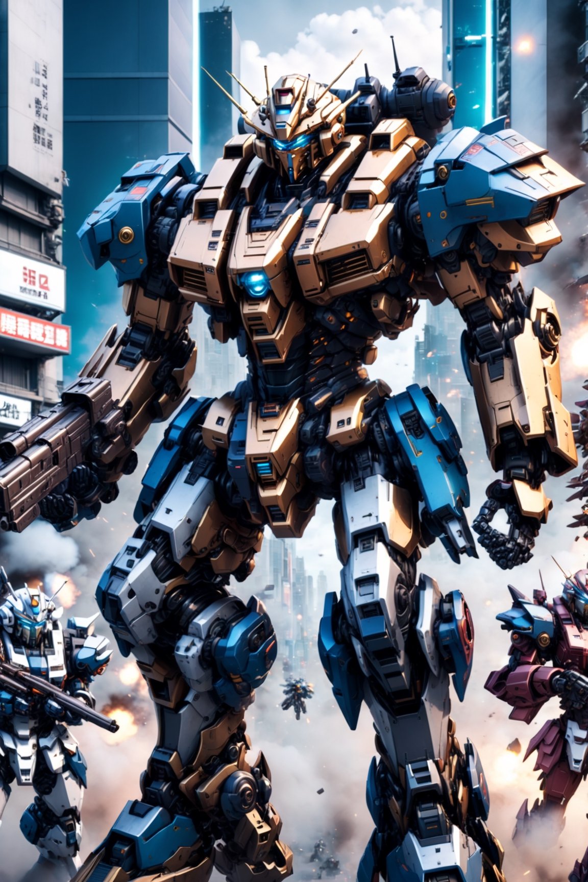 Robot soldier steampunk Artwork in anime style,  Two robots holding guns in the city,  Mobile Suit by Hello Nice To Meet Y...