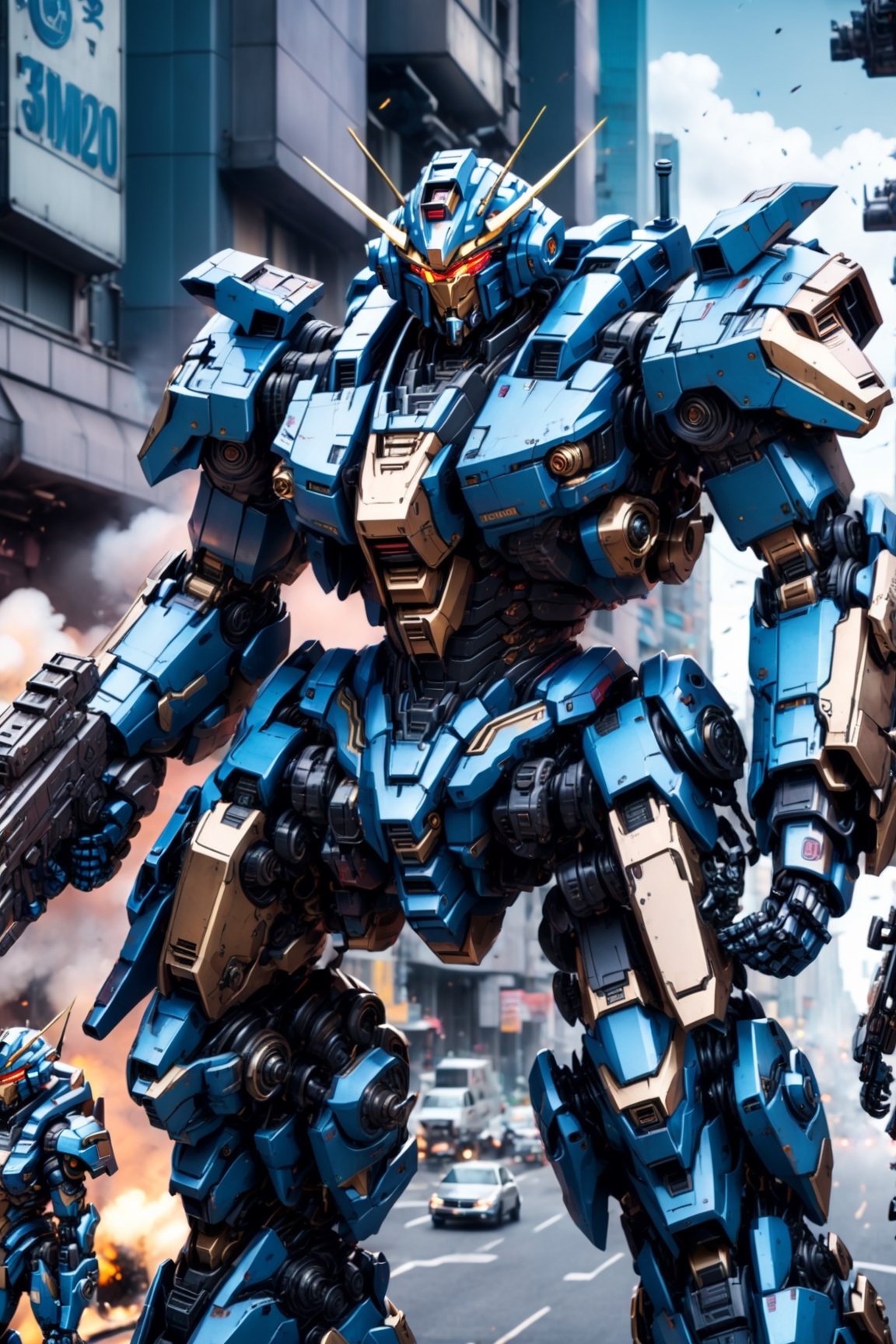Robot soldier steampunk Artwork in anime style,  Two robots holding guns in the city,  Mobile Suit by Hello Nice To Meet Y...