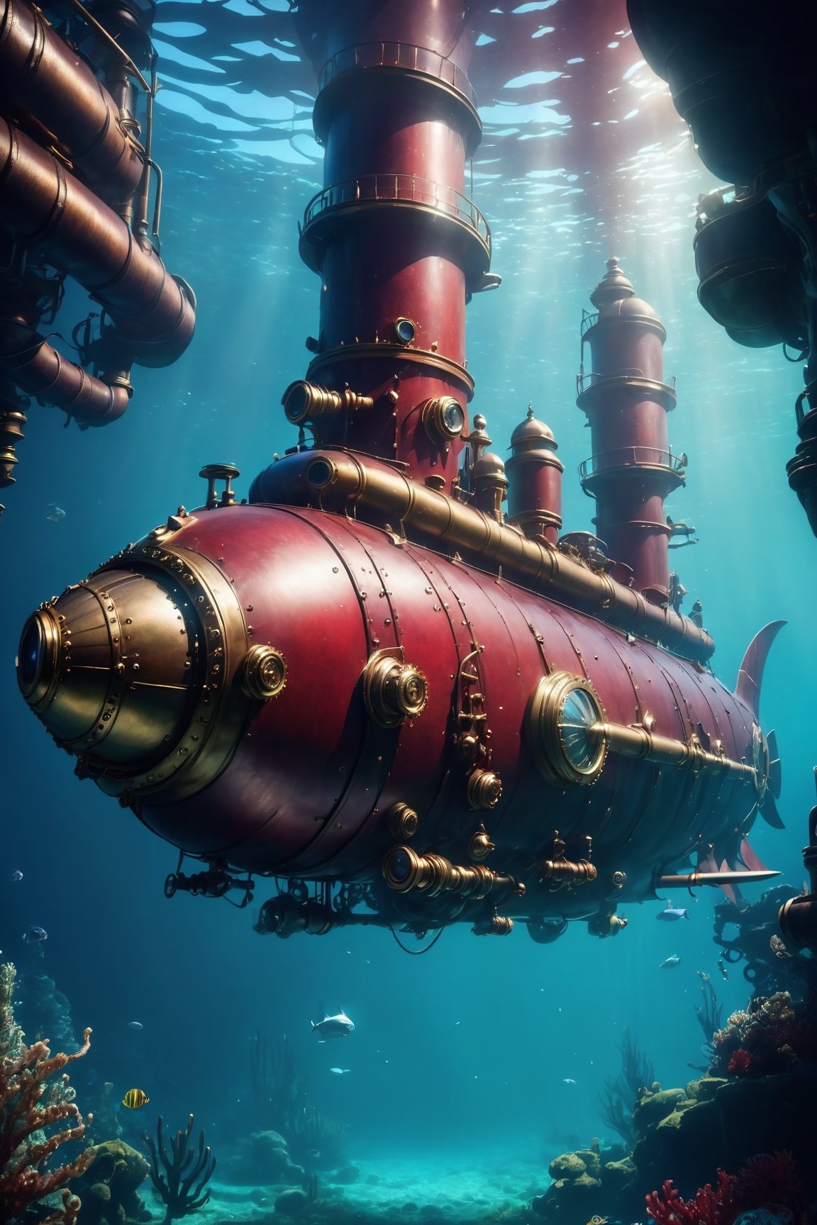 A mesmerizing steampunk-inspired underwater world with Victorian-style submarines and mechanical sea life,  as if created...