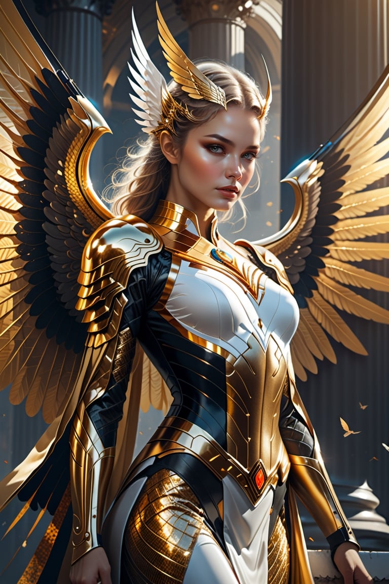 if the white house was black, 8k photo Closeup of a woman in a gold costume with wings, fantasy art act, karol bak uhd, artgerm julie bell beeple, beautiful fantasy art, fantasy woman, cgsociety contest winner! ! , detailed fantasy art, cgsociety contest winner! ! ! , cgsociety contest winner, elegant cinematic fantasy art, stunning cgsociety, beautiful fantasy art portraits, busty