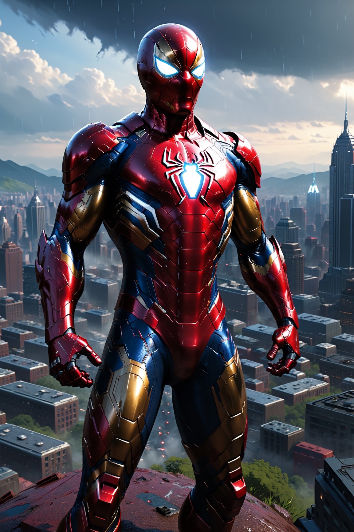 Spider-Man with Iron Man-style armor, Marvel Iron Man mixed with Spider-Man, dark, cyberpunk city, raining, right hands, ultra realistic, Unreal Engine 5, dark, ultra quality, gorgeous, beautiful, imposing pose, right hand with a cannon and plasma --auto --s2
a highly detailed matte painting of a man on a hill watching a giant alien monster, by makoto shinkai, by artgerm, by wlop, by greg rutkowski, volumetric lighting, octane render, 4k resolution, trending on artstation, masterpiece