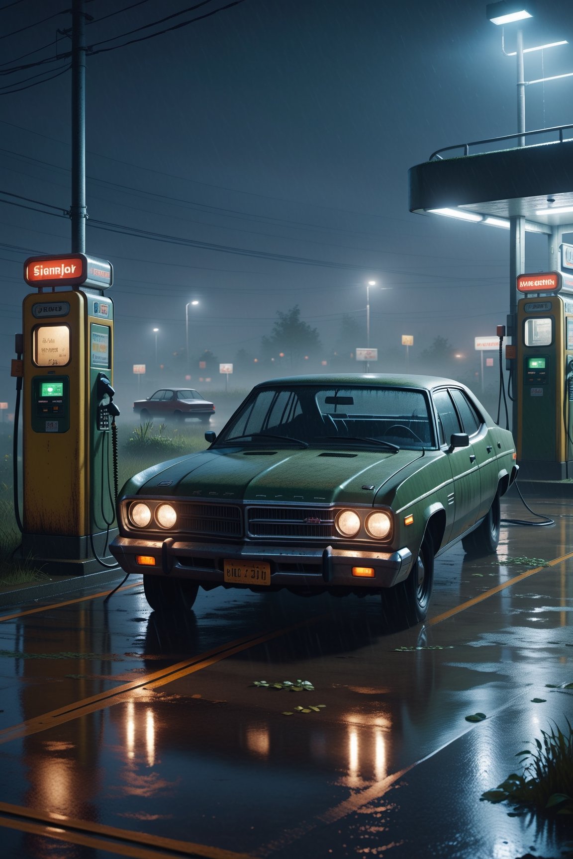 In the car on a rainy night,The protagonist returns to the car,The phone shows no signs of charging。The protagonist answers the phone,Breathing sounds and silence are heard。Completely realistic,  Full high resolution, Well made,detail-rich best quality, masterpiece, cinematic, horror, sinister, abandoned gas station, overgrown, vegetation, moist, damp, night, dark, volumetric fog