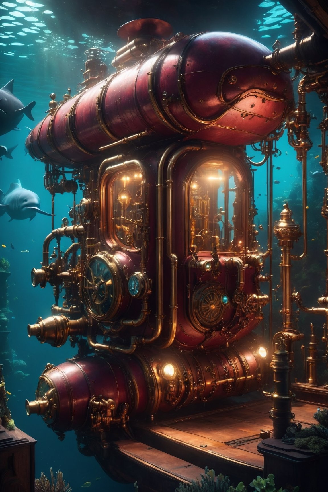 A mesmerizing steampunk-inspired underwater world with Victorian-style submarines and mechanical sea life,  as if created...