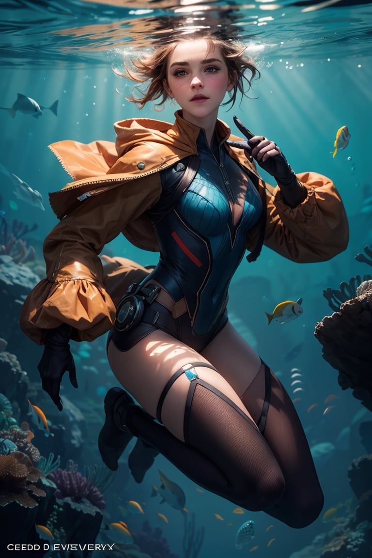 Full body of Elderly Emma Watson, portrait by Cedric Peyravernay, highly detailed, excellent composition, cinematic concept art, dramatic lighting, trending on ArtStation underwater bubbles. Underwater. High definition photography. 35 mm. F/2.5