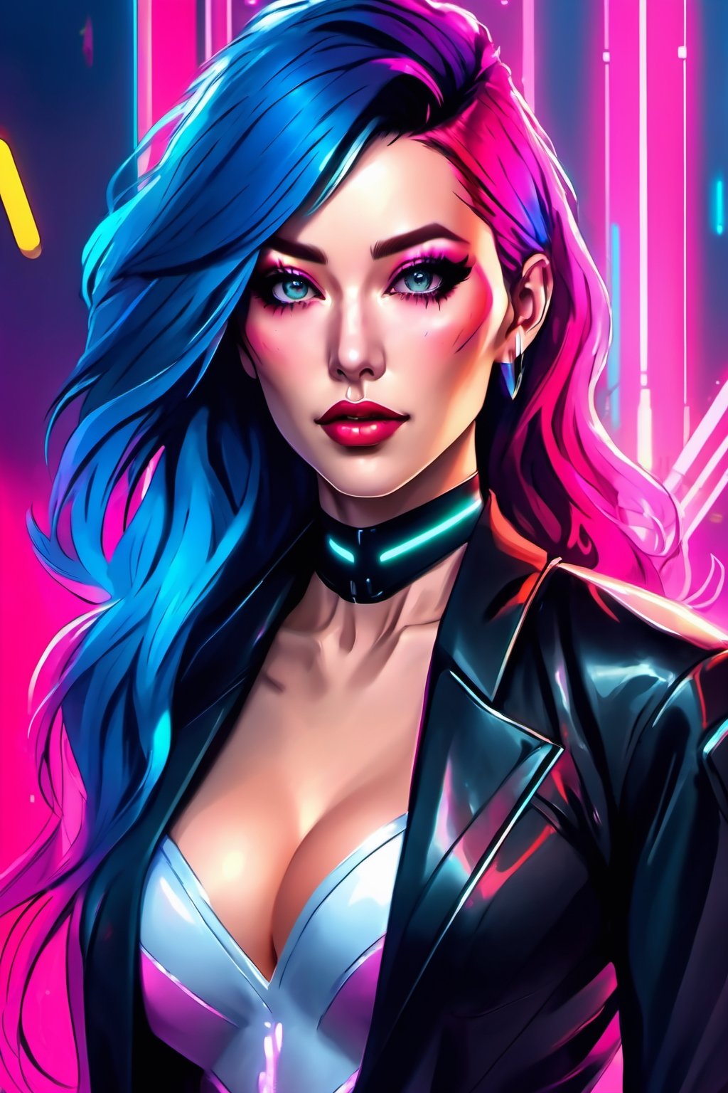 beauty woman, makeup, trending on artstation, 30mm, by Artgerm closeup, 1 girl, alone, [dark blue and pink hair: blue and pink hair : 0.2], cyberpunk, high tech, V, mechanical parts, looking at audience, black eyes, long hair, luminous laser female super tech jumpsuit, cyberpunk mechanical body parts, with tattoos, interior, luminous laser earrings. high contrast, night, black, [freckles: 0.9], reflective transparent rainbow, long hair, breasts, white skin most beautiful Korean woman's face, seductive expression, (relaxed pose: 1.5), eva, complex background, Sony a6300, extremely beautiful and gorgeous anime illustration, with cinematic perspective,(relaxed pose: 1. 5), eva, complex background, Sony a6300, extremely beautiful and gorgeous anime illustration with a cinematic perspective.