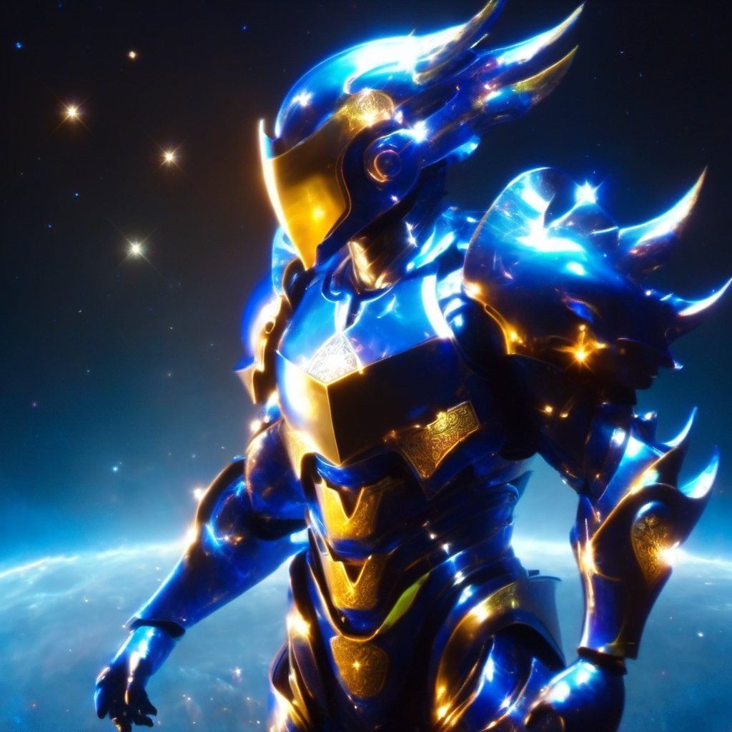 A man with his arms crossed, wearing futuristic full battle armor. He has a helmet with a ((visor screen that covers his entire face)) ((reflecting space with stars and galaxies)). The armor is metallic multicolor with faintly glowing blue details.

On the chest it bears the symbol of a (dragon). Large reinforced shoulder pads protect his shoulders. Armored gauntlets and vambraces cover his arms, also with (dragon) motifs. He also wears greaves and sabatons that protect the legs.

At the waist he has a tactical belt with several compartments to carry ammunition and other battle supplies. Heavy boots with reinforced soles complete the armor. (The full enclosed helmet visor screen) reflects the deep space stars. (The intricate dragon-themed full armor) gives him a powerful and imposing look, ready for combat., ((no face showing))