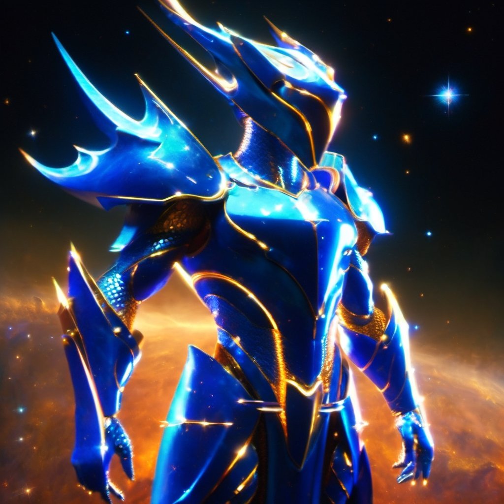 A man with his arms crossed, wearing futuristic full battle armor. He has a stylized helmet with a (visor screen that covers his entire face) ((reflecting space with stars and galaxies)). The armor is metallic multicolor with faintly glowing blue details.

On the chest it bears the symbol of a (dragon). Large reinforced shoulder pads protect his shoulders. Armored gauntlets and vambraces cover his arms, also with (dragon) motifs. He also wears greaves and sabatons that protect the legs.

At the waist he has a tactical belt with several compartments to carry ammunition and other battle supplies. Heavy boots with reinforced soles complete the armor. The helmet has small (horns) on either side and has a clean, streamlined look without exaggerated features.

((The full enclosed helmet visor screen)) reflects the deep space stars. (The intricate dragon-themed full armor) gives him a powerful and imposing look, ready for combat.