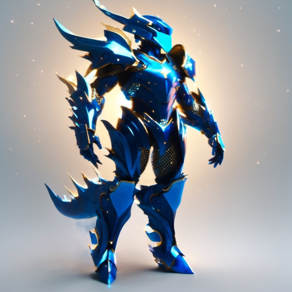 A man with his arms crossed, wearing futuristic full battle armor. He has a stylized helmet with a (visor screen that covers his entire face) ((reflecting space with stars and galaxies)). The armor is metallic multicolor with faintly glowing blue details.

On the chest it bears the symbol of a (dragon). Large reinforced shoulder pads protect his shoulders. Armored gauntlets and vambraces cover his arms, also with (dragon) motifs. He also wears greaves and sabatons that protect the legs.

At the waist he has a tactical belt with several compartments to carry ammunition and other battle supplies. Heavy boots with reinforced soles complete the armor. The helmet has small (horns) on either side and has a clean, streamlined look without exaggerated features.

((The full enclosed helmet visor screen)) reflects the deep space stars. (The intricate dragon-themed full armor) gives him a powerful and imposing look, ready for combat.