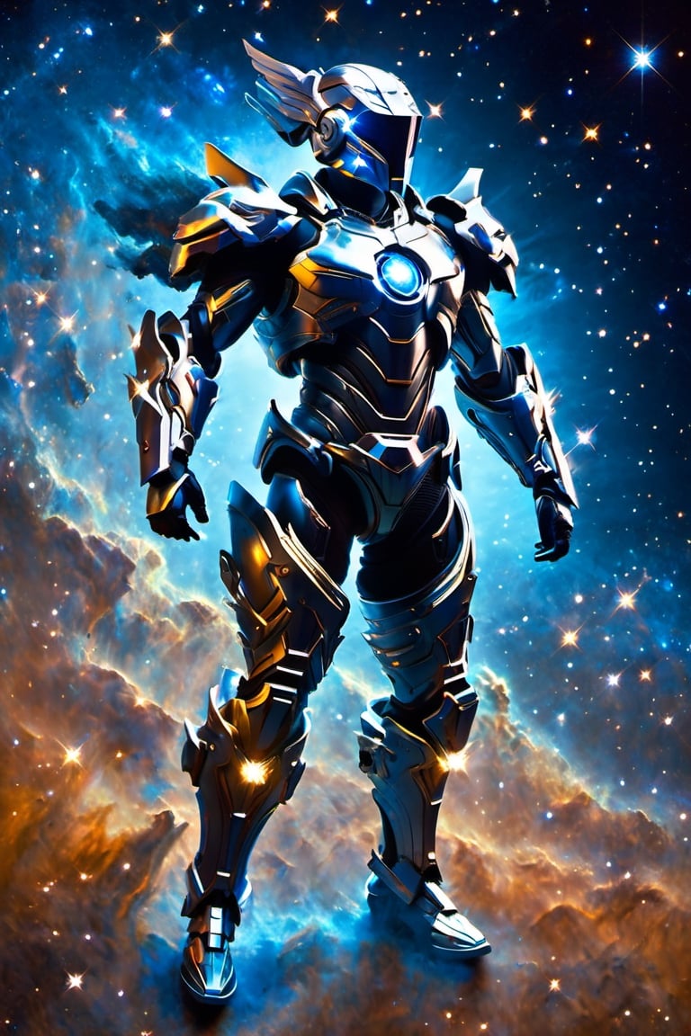 A man with his arms crossed, wearing futuristic full battle armor. He has a helmet (with a visor that reflects space with stars and galaxies). The armor is metallic multicolor with faintly glowing blue details.

On the chest it bears the symbol of an eagle (with wings spread out). Large reinforced shoulder pads protect his shoulders. Armored gauntlets and vambraces cover his arms. He also wears greaves and sabatons that protect the legs.

At the waist he has a tactical belt with several compartments to carry ammunition and other battle supplies. Heavy boots with reinforced soles complete the armor. (Under the helmet) his face is not seen, only a black mask that reflects the deep space stars. (The full armor) gives him a powerful and imposing look, ready for combat.