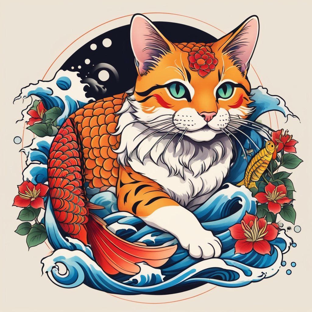 there is a cat and a carp fish tattoo, detailed cat, anime manga!! cat tattoo, Japanese art style, colorful illustration for tattoo, by Kan9an, ukiyoe style, Japanese illustration, by Shiba K0kan, line art illustration