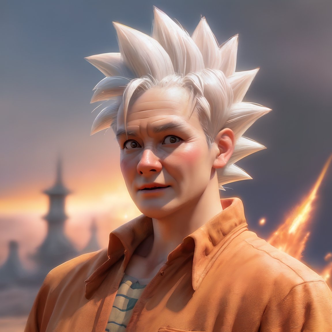 g4njar as goku in a dragon ball movie, short white hair, sharp focus, dragon ball shirt, kamehameha, lightning, light ray of magic, by pascal blanche rutkowski repin artstation hyperrealism painting concept art of detailed character design matte painting, 4 k resolution blade runner, no muscular,