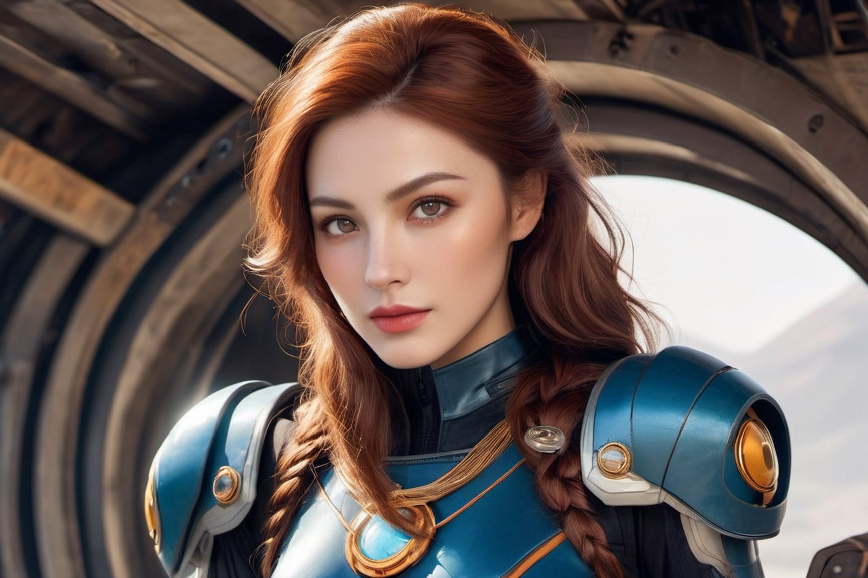 An attractive woman in her thirties who is the captain of a futuristic starship. She stands as a commanding figure in her thirties, radiating a blend of strength, charisma, and determination. Her eyes, a shade of deep cerulean, are windows to her resolute spirit, often gleaming with a spark of curiosity that mirrors her passion for exploration. Her features are defined by high cheekbones and a determined jawline, softened by an easy smile that conveys her approachability.

Auburn hair is worn neatly in a military fashion. It's a mark of her practicality that she ties her hair into a neat braid during missions, ensuring it never hampers her during critical moments. Her stature is statuesque, a testament to her confidence and the way she carries herself with a natural poise.

She stands in a high tech location.