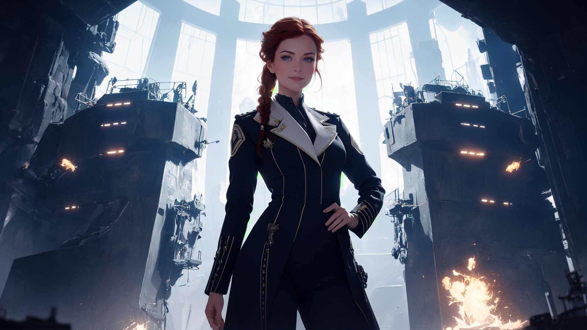 An attractive woman in her thirties who is the captain of a futuristic starship. She stands as a commanding figure in her thirties, radiating a blend of strength, charisma, and determination. Her eyes, a shade of deep cerulean, are windows to her resolute spirit, often gleaming with a spark of curiosity that mirrors her passion for exploration. Her features are defined by high cheekbones and a determined jawline, softened by an easy smile that conveys her approachability.

Auburn hair is worn neatly in a military fashion. It's a mark of her practicality that she ties her hair into a neat braid during missions, ensuring it never hampers her during critical moments. Her stature is statuesque, a testament to her confidence and the way she carries herself with a natural poise.

She stands in a high tech location.