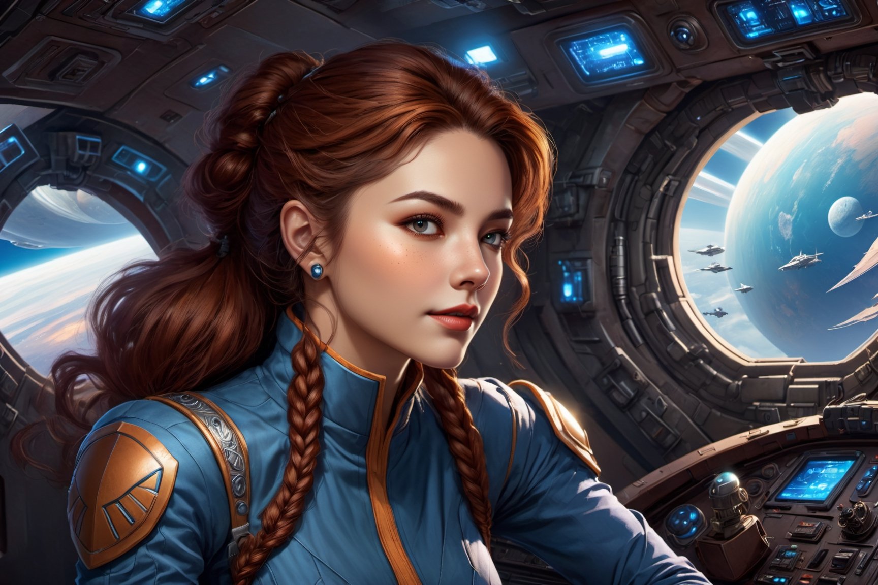 An attractive woman in her thirties who is the captain of a futuristic starship. She stands as a commanding figure in her thirties, radiating a blend of strength, charisma, and determination. Her eyes, a shade of deep cerulean, are windows to her resolute spirit, often gleaming with a spark of curiosity that mirrors her passion for exploration. Her features are defined by high cheekbones and a determined jawline, softened by an easy smile that conveys her approachability.

Auburn hair is worn neatly in a military fashion. It's a mark of her practicality that she ties her hair into a neat braid during missions, ensuring it never hampers her during critical moments. Her stature is statuesque, a testament to her confidence and the way she carries herself with a natural poise.

She stands in a high tech location.