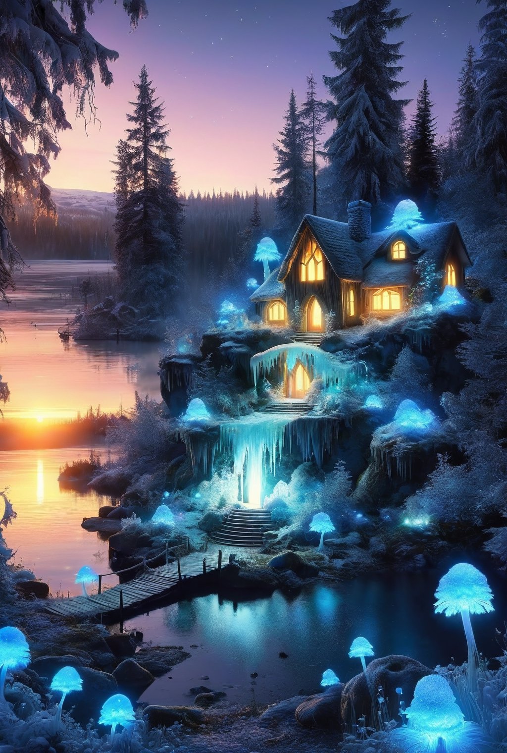 magic ice  fantacyworld ,beautiful fairy,,( plyaing wa_gon), in fantacy magic forest, glowing in night, ice flower,icemashroom ,  fantacy waterfall, lake, duck ,mashroom , icemini house, colour art,style,DissolveSdxl0,3l3ctronics,concept,stworki